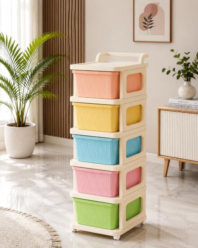 Image of Heavy Duty Plastic Storage Drawer with Wheels | Modular Cabinet for Bedroom, Office, Home or Classroom| Chest of Drawers Organiser for Cosmetics, Kitchen items, Toys (Multicolor, 5)