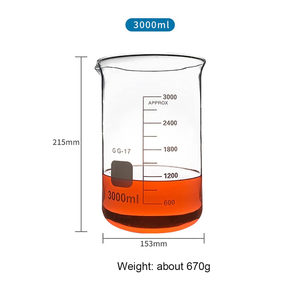 4 Vasos de precipitados de Vidrio, (1000 ml, 2000 ml, 3000 ml), Vaso de Laboratorio de borosilicato Transparente, Vasos de medición de Vidrio de Forma Baja con graduación y Pico, reutilizab
