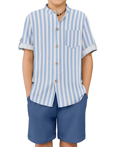 Image of Arshiner Boy's 2 Piece Beach Outfit Short Sleeve Textured Button Down Shirt and Short Sets Summer Vacation Wear 4-12 Years