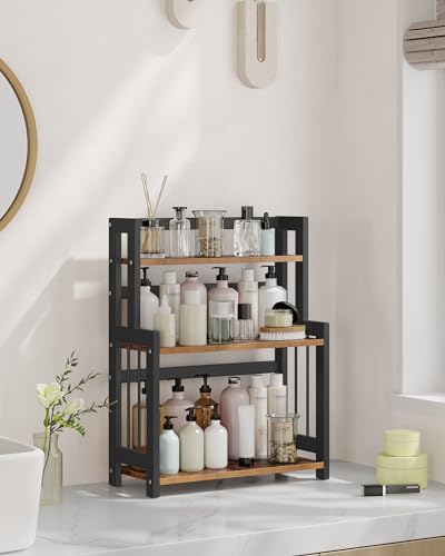 SONGMICS Spice Rack, 3 Tier Storage Rack, Desktop Organizer, Bamboo Frame, for Kitchen, Dining Room, Office, Rustic Brown and Black OFS047B01 - Image 4