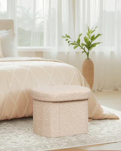 Image of B FSOBEIIALEO Storage Ottoman for Dorm Room, Boucle Folding Storage Ottoman Foot Rest, 16.14 Inches Small Collapsible Ottoman Cube for Living Room Beige