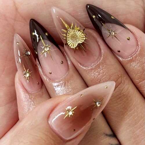 Image of Gold Heart Press on Nails Black French Tip Fake Nails with Rhinestone Design Reusable Star Nail Press ons Brown Ombre Glossy Full Cover Medium Almond Glue on Nail for Women Girls Manicure 24Pcs
