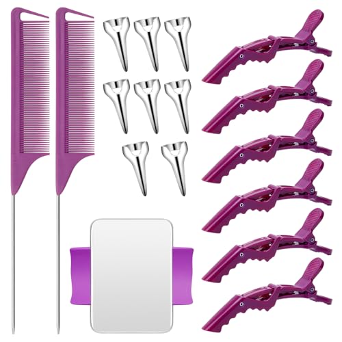 17 Pieces Hair Parting Tools Set Square, Included 8 Pieces Hair Parting Ring 2 Pieces Metal Rat Tail Comb 6 Pieces Hair Sectioning Clip with Magnetic Wrist Sewing Pin Holder for Braiding (Purple)