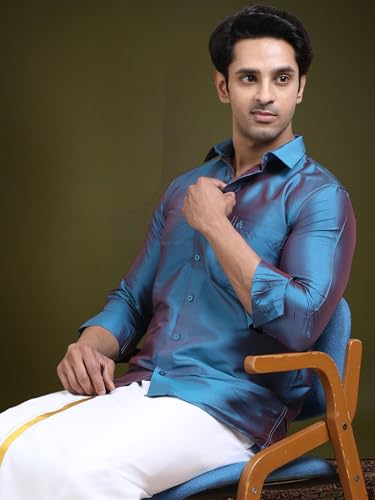 Image of Tattva Men Silk Blend Ethnic Shirt | Traditional South Indian Wear for Wedding, Festivals & Casual Wear