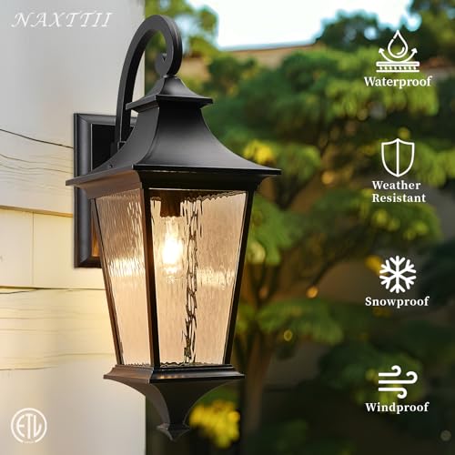 Image of Black Outdoor Wall Light 29.3 Inch Large Aluminum Exterior Lighting Fixtures with Water Ripple Glass Waterproof Porch Lights Outdoor for Patio Doorway E26 Socket
