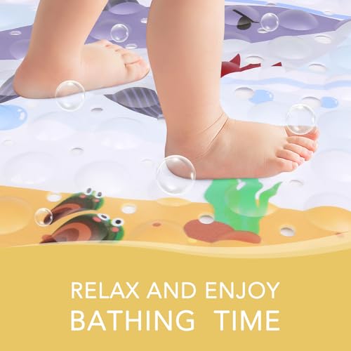 Image of PRATIQUE Kids Bath Mat for Tub Non Slip,40 X 16 Inch Extra Long Kids Bathtub Mat Ocean Bathtub Shower Mat Safety Anti Slip with Suction Cups and Drain Holes, Machine Washable(Shark)