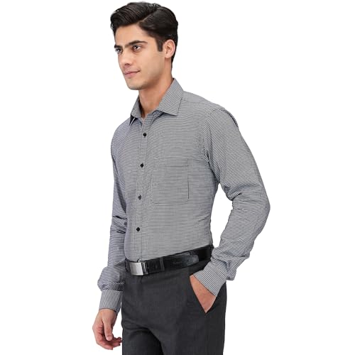 Image of Raymond Men's Slim Fit Formal Shirt | Pure Cotton Structured Weave Semi Cutaway Collar Business Wear Black