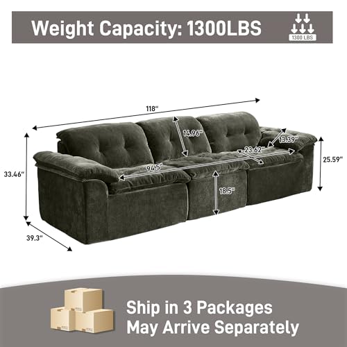 Image of Oversized Modular Sectional Sofa, Large Modern Cloud Sectional Couch with Seat Cushion, Boneless 3 Seater Couch for Living Room, Apartments, No Assembly Required, Green