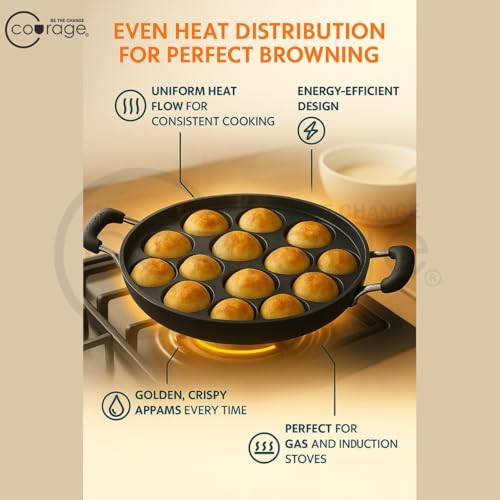 Image of Courage Non-Stick Appam Pan with 12 Cavities & Stainless Steel Lid | Appam Pan with Double Handle | Appam Maker | Litti Pan | Appam Pan | Dishwasher Safe (1, Black)