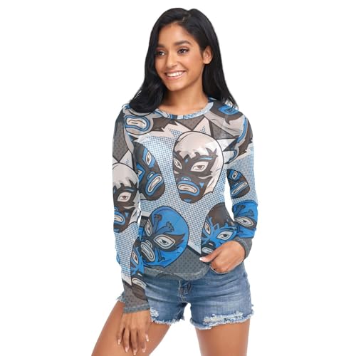 Camicie da donna trasparenti, girocollo, estiva, in rete, S, Lucha Libre Maschera Blu Motivo Comico, Large
