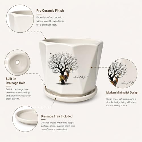 Image of Xtore Artistic Forest-Themed Ceramic Planter with Drainage Tray | Decorative Indoor Flower Pot for Home, Office Desk & Balcony Styling (White with Decal - Planter only)