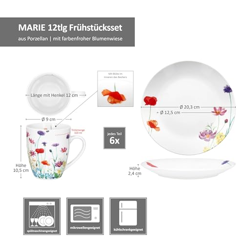MamboCat Marie 12tlg Frühstücksset I Porzellan-Geschirr mit Blumenwiese-Dekor für 6 Personen I Je 6x Teller & Becher 320ml für Frühstücks- & Kaffeezeit