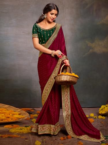 Image of AKHILAM Women's Pink Satin Silk Embroidered Saree with Unstitched Blouse Piece (SANCHI3001 SUM Parent)
