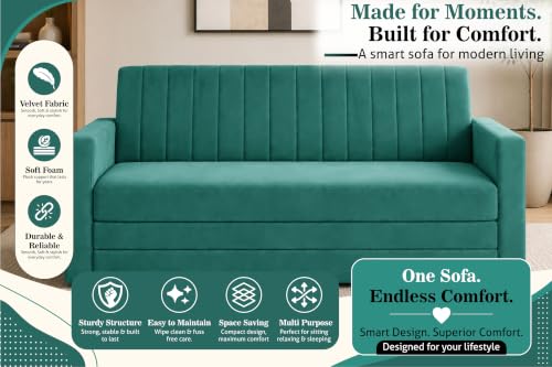 Image of 3-Seater Velvet Sofa Cum Bed with Armrests | Modern Convertible Sleeper Couch | Stylish Sofa Bed for Living Room, Bedroom & Office | Green