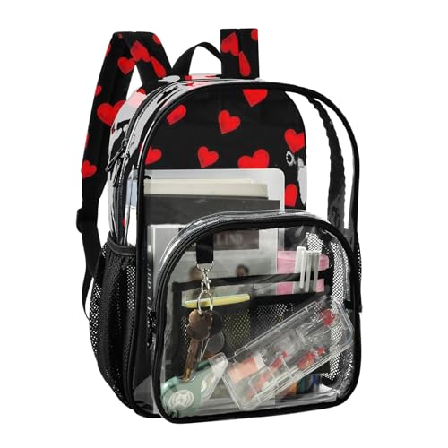 Red Hearts Doodles Black Clear Backpack Women Cute Girls Backpack for Kids Approved See through Bag2