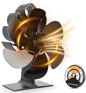 Hanaoyo Wood Stove Fan, 6 Blades Wood Stove Fan Heat Powered, Fireplace Fan with Magnetic Thermometer, Wood Stove Accessories, Non Electric Fan for Wood/Gas/Log Burner Stove