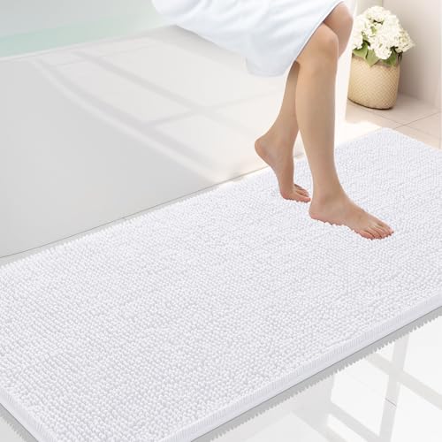 Smiry Luxury Chenille Bathroom Rugs 59x24, Extra Soft and Absorbent Shaggy Bath Mat, Machine Washable, Non-Slip Plush Carpet Runner for Tub, Shower, and Floor, Home Decor Accessories, White