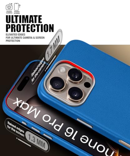 Image of WOW IMAGINE Back Cover for iPhone 16 Pro Max | Shockproof Tough Leather Texture Hard Mobile Case | Ultra Slim Non-Slip Grip | Inner Velvet Fabric | Metal Camera Ring - Blue
