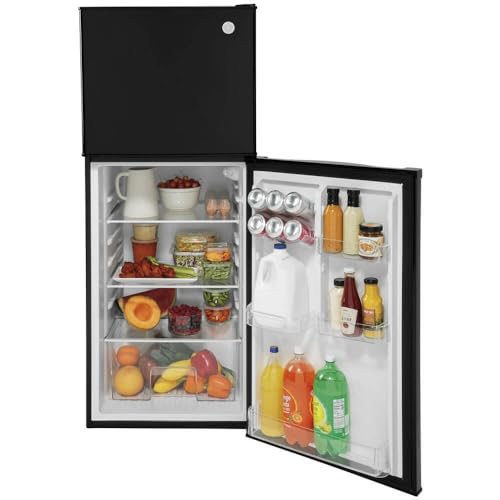 GE GPV10FGNBB 24" Top Freezer Refrigerator with 9.93 cu. ft. Capacity 12V DC Power Only LED Lighting and Adjustable Spillproof Glass Shelves in Black on Fridge.com