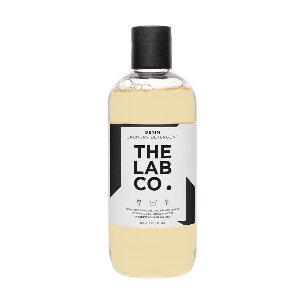 The Lab Co. Denim Laundry Wash 300ml for 20 washes. A non-bio liquid detergent for jeans scented with bergamot, mandarin rind and black pepper