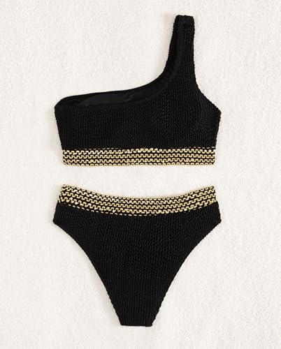 Image of YIMISAN Women's Ribbed Bikini Sets One Shoulder Top with Mid Waist Two Piece Bathing Suit