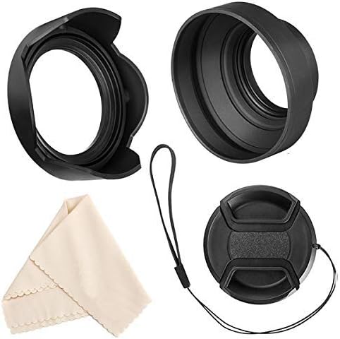 Veatree 52mm Lens Hood Set, Collapsible Rubber Lens Hood with Filter Thread + Reversible Tulip Flower Lens Hood + Center Pinch Lens Cap + Microfiber Lens Cleaning Cloth