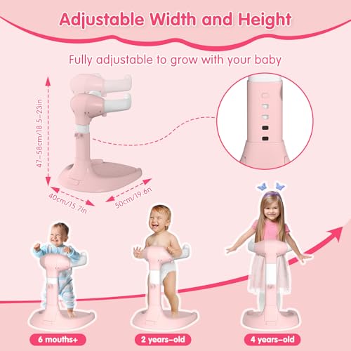 Image of Foldable Baby Shower Standing Support with Anti-Slip Base and Shower Holder, Adjustable Baby Bath Stand, No Assembly /Installation Toddler Stand Up Shower Support for Home /Travel Bath Time, Pink