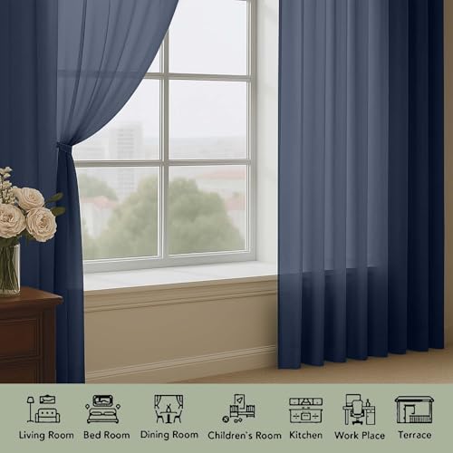 Image of OWENIE Extra Long Navy Blue Sheer Curtains 96 Inches Long 2 Panels Set, Soft Lightweight Airy Voile Sheer Curtain for Bedroom Living Room, Rod Pocket Solid Color Farmhouse Curtains, 59 inch Wx96 L Inch