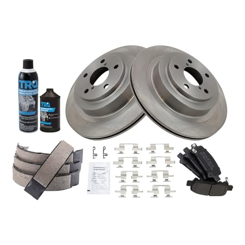 Image of TRQ Rear Brake Pad & Rotor Kit, with Chemical Kit Parking Brake Shoe Set Semi-Metallic Compatible with 2005-2009 Subaru Legacy