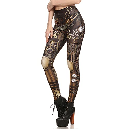 Black Sugar Leggings Pantalon Femme Steampunk Engrenage Punk Impression Mécanique 3D (S)