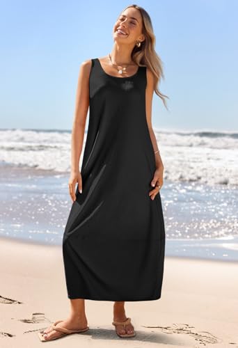 MEROKEETY Women's Casual Maxi Sundress 2025 Summer Beach Dress Scoop Neck Sleeveless Loose Tank Dress, Black, Medium - Image 7