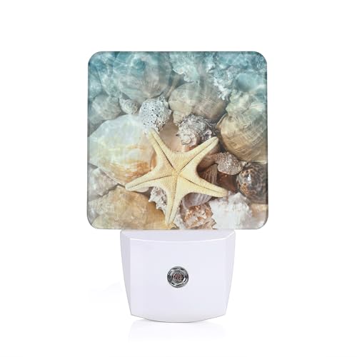 Image of Starfish Seashell on Beach Night Light, Summmer Beach Night Light Plug into Wall with Dusk to Dawn Sensor, LED Lamp Energy Saving Lights for Men Women Boys Girls,Lamp for Bedroom Bathroom Hallway