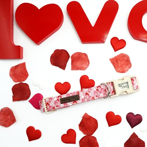 Image of Valentine's Pink Line Love-Heart Dog Collar for X-Small Dogs | Valentine Pet Outfit,Wedding,Anniversary,Daily Walks,Adjustable,Cotton Fabric,Quick Release Plastic Buckle,Pendant,Female Dog