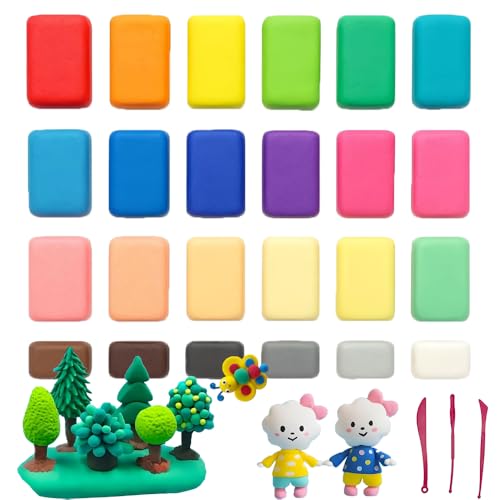 24 Farben Modelliermasse lufttrocknend – Ultra Light Foam Clay Set für Kinder ab 3 Jahren – Selbsttrocknende Knete mit Werkzeugen & Formen – Kreatives Bastelset & DIY Geschenk Jungen Mädchen