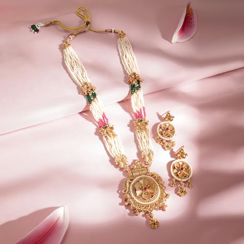 Image of Rubans Pearl Long Necklace Set Gold Plated Traditional Stylish Jewellery Gift for Women & Girls