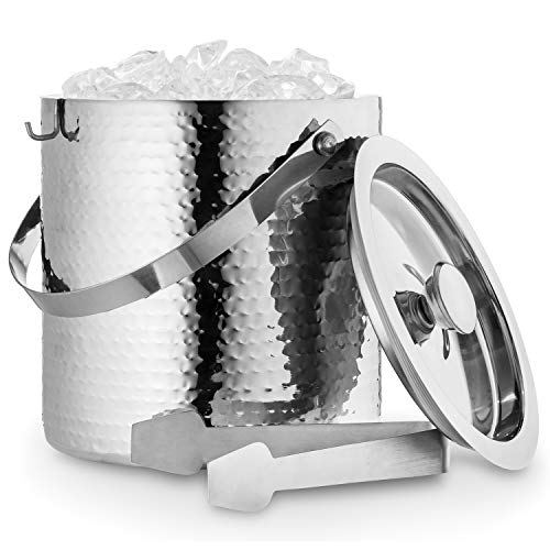 Hammered Ice Bucket - Ice Bucket with Tongs - Insulated Ice Bucket with Lid - Double Wall Ice Bucket 3 Quarts - By Colleta Home