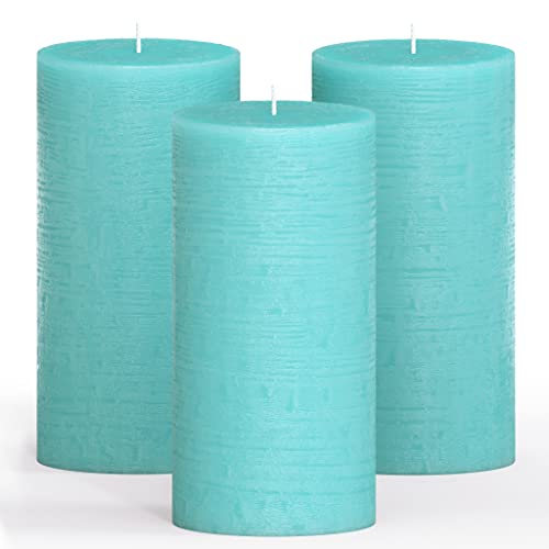 CANDWAX Lot de 3 bougies piliers décoratives rustiques non parfumées et sans gouttes - Idéales comme bougies de mariage ou grandes bougies pour l'intérieur de la maison - Bougies turquoise Cover