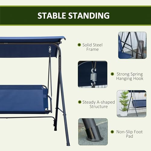Outsunny 3-Person Porch Swing with Stand, Outdoor Swing for Patio Porch with Adjustable Tilt Canopy and Comfortable Swing Bench-Style Seat, Steel Frame, Dark Blue - Image 5