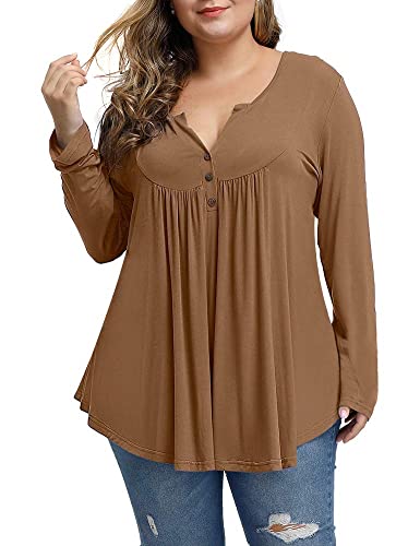 Allegrace Women s Plus Size Tunics Button Up Henley V Neck Tops Pleated Long Sleeve Tunic Shirts Coffee 22W