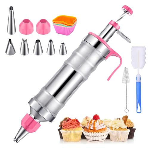 Cake Decorating Kit with 6 Stainless Steel Icing Nozzles, Reusable Piping Gun & Tips Set – Professional Frosting Tools for Cupcakes, Cookies, Cakes, Desserts – Baking Supplies for Beginners & Bakers