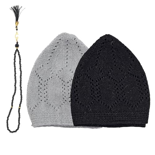 FIRASET Muslim Kufi Hats for Men 2 Pcs Velvet Crochet Islamic Prayer Cap Stretchable & Breathable Knit Skull Beanie Taqiyah Takke Peci Ramadan Eid Islamic Gifts Standard Size