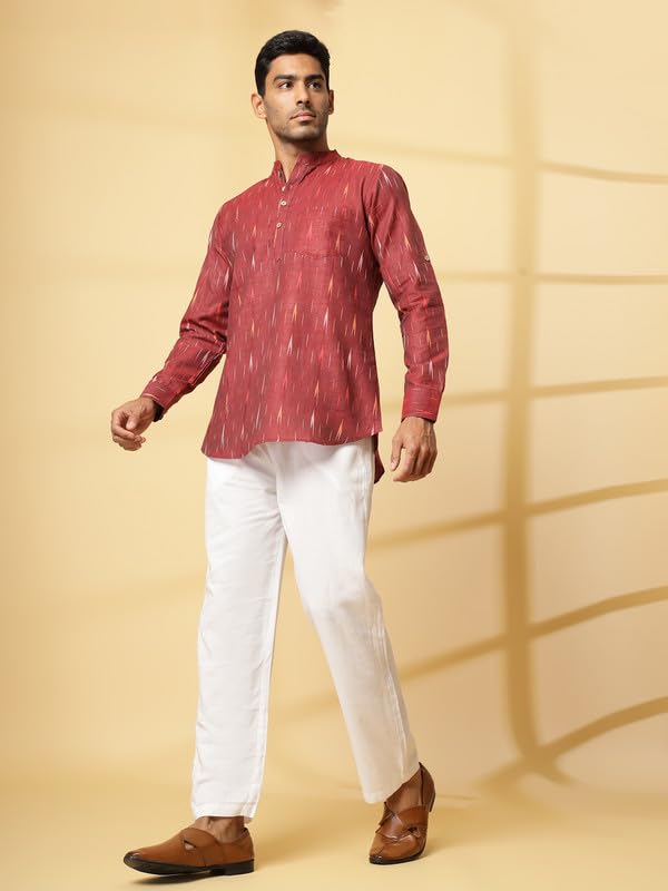 Image of Vastraa Fusion Men's Handloom Weaving Pure Cotton Short Kurta, Round Collar, Full Sleeves,Button Kurta, Ethnic Wear