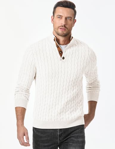 Image of JMIERR Men's Cable Knit Pullover Sweater Casual Long Sleeve Stand Collar Button Knitted Sweaters