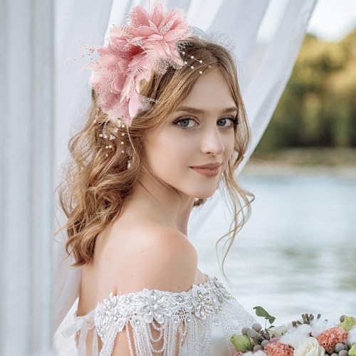 1 sztuka damska różowa opaska na głowę, akcesoria do włosów z dzianiny z kwiatami Elee, Wedding Top Hat, Party Dinner Hat