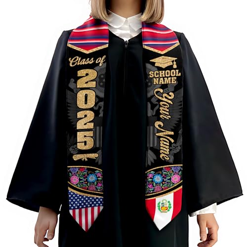 MonkeyVan Personalized Peruvian Graduation Sash, Custom Peruvians American Flag Graduation Stole 2025, Peru Graduation Stole S376