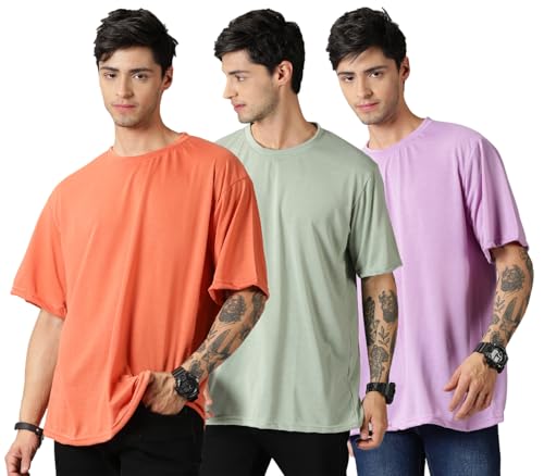 Image of RodZen Oversized Baggy Fit Half Sleeves Round Neck Solid Cotton Blend Combo T-Shirt for Men (Pack of 3)