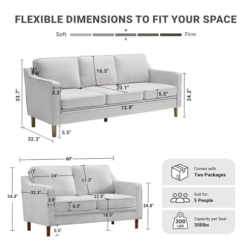 Image of Kingfun Couch Sets for Living Room, 3 Seater Couch and Loveseat, Mid Century Modern Sofa Set, Chenille Couch with Solid Wood Frame for Bedroom