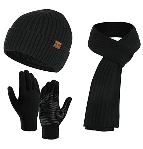 Winter Beanie Hat Scarf Touch Screen Driving Gloves for Men Women Ribbed Knit 3 in 1 Set