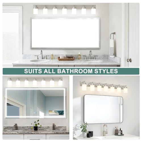 Image of IZORRO Bathroom Vanity Light Fixture, 7-Light 52 inch Brushed Nickel Bathroom Light Fixtures Over Mirror, with White Glass Shade, Modern Farmhouse Vanity Lights, Rustic Restroom Lighting Fixtures