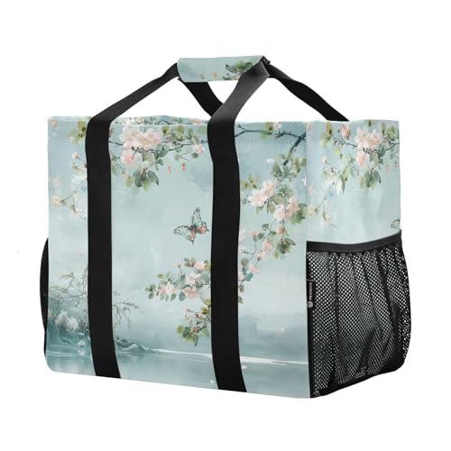 YETTASBIN Flower Butterfly Large Foldable Travel Tote Bag, Lightweight Waterproof Swim Pool Bag with Handles & Pocket for Beach Outdoor, Reusable Grocery Bag for Kitchen, Shopping